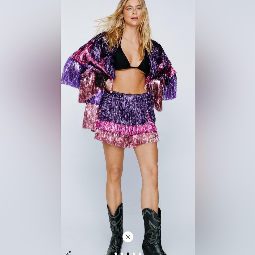 Metallic tiered fringe skort